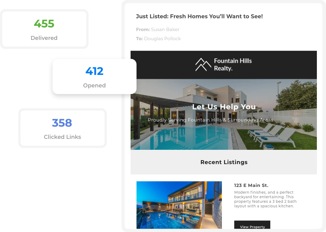 Real estate email campaign statistics showing open and click rates
